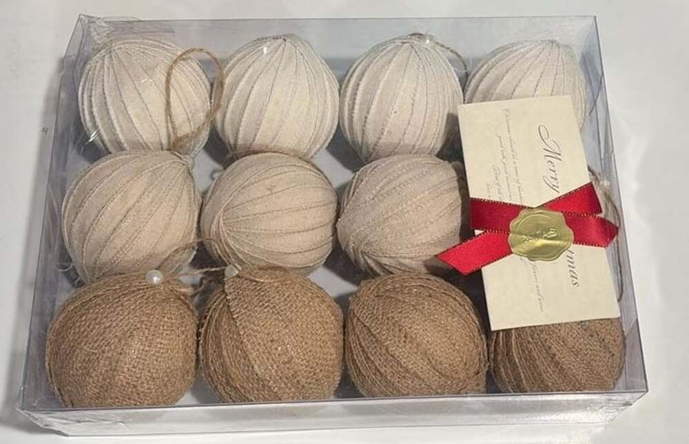 12pc Neutral Christmas Party Home Decor Burlap and Fabric Wrapped Ball Ornaments